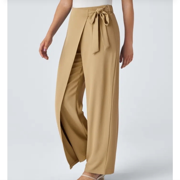 Halara Flex High Waisted Tie Side Wide Leg Work Pants Tan Desert Brown NWT S/P - Picture 3 of 10